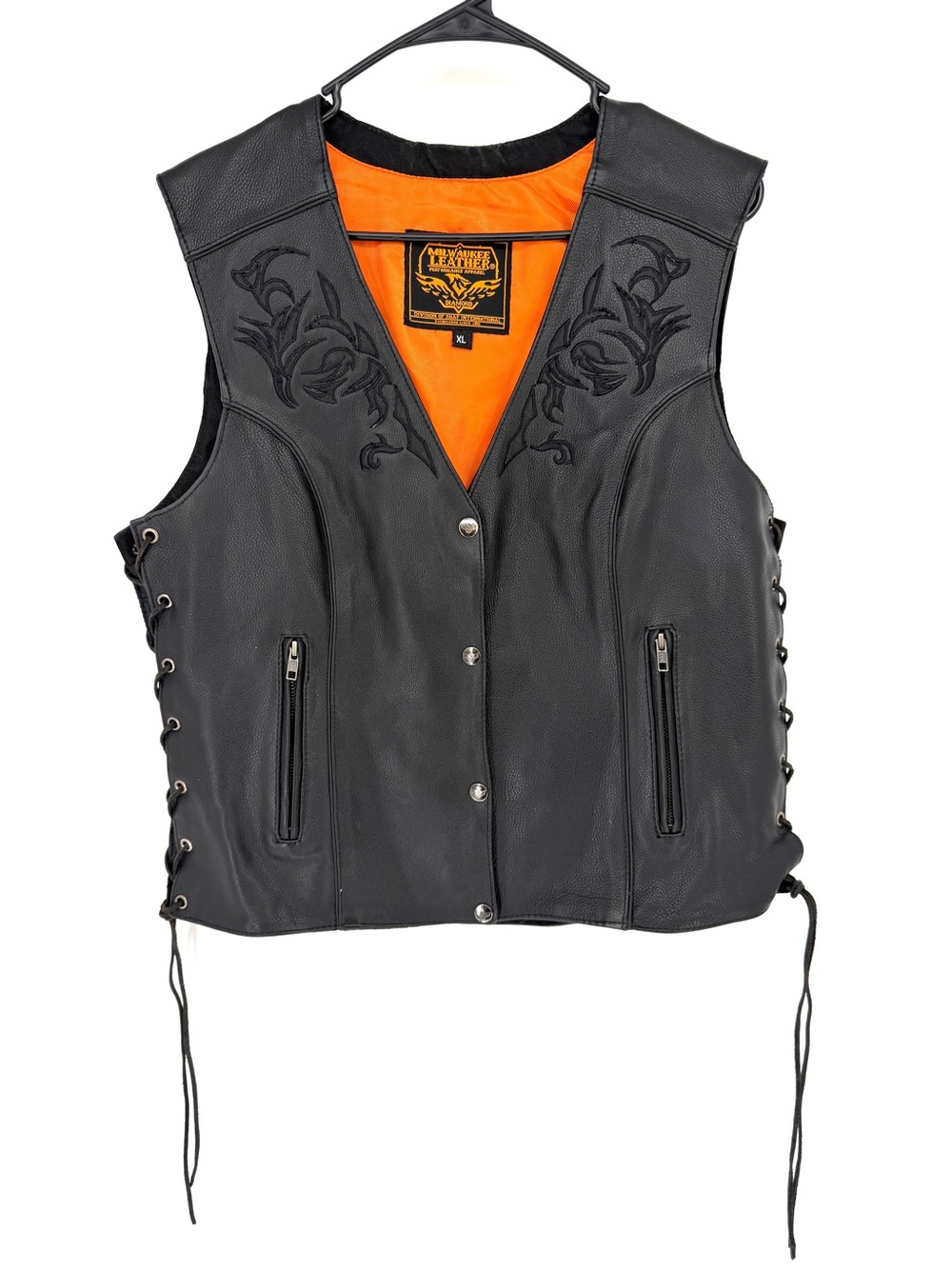 Milwaukee Leather Black Leather Motorcycle Vest XL Embroidered Biker Moto ML1296
